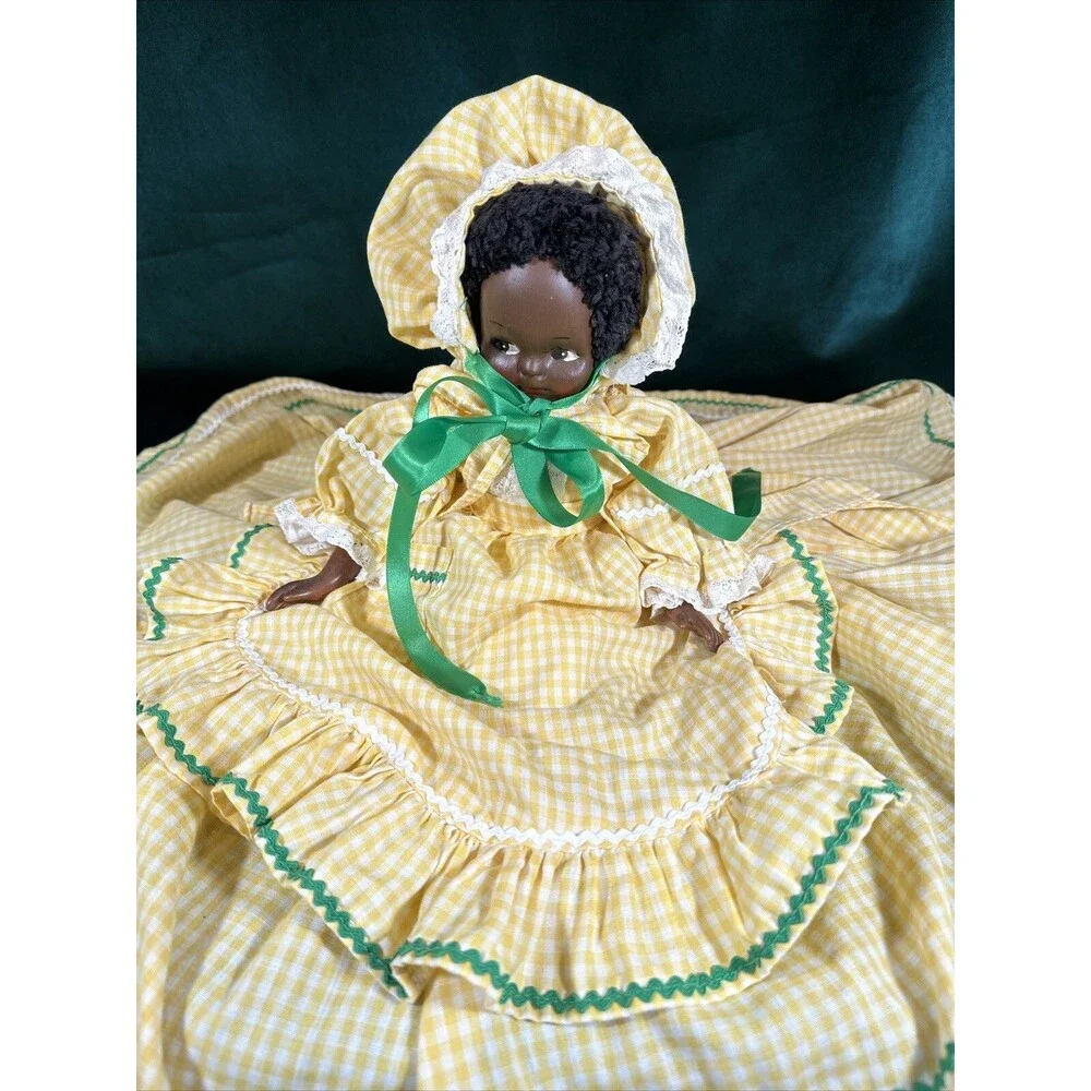 Vintage Handmade African American Doll Folk Art Decor Gingham Yellow Dress